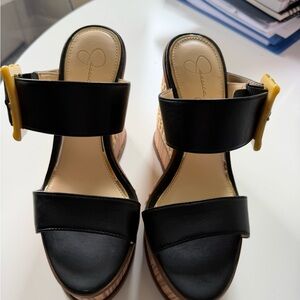 Jessica Black Leather Wedge Sandals with Yellow Buckle Accent